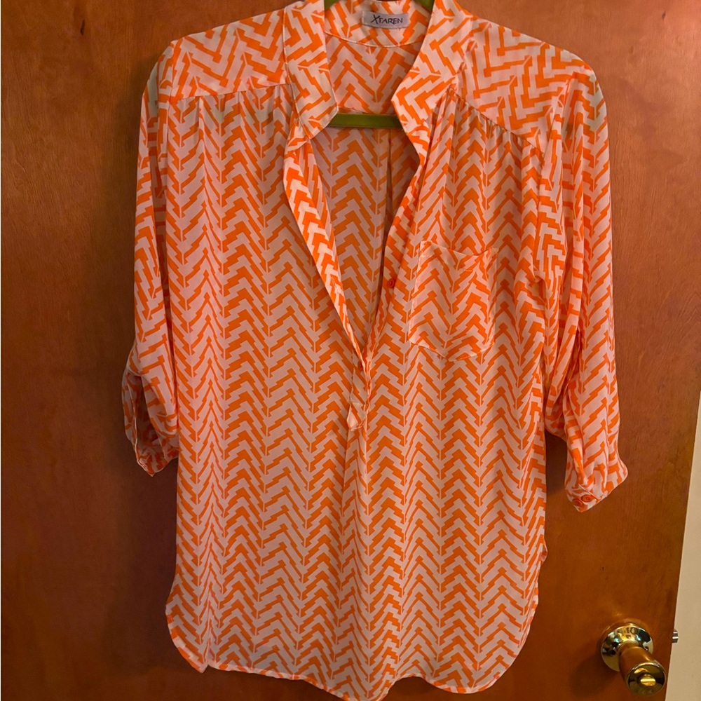 Lightweight Orange Chevron Blouse Roll Tab Sleeves Size M